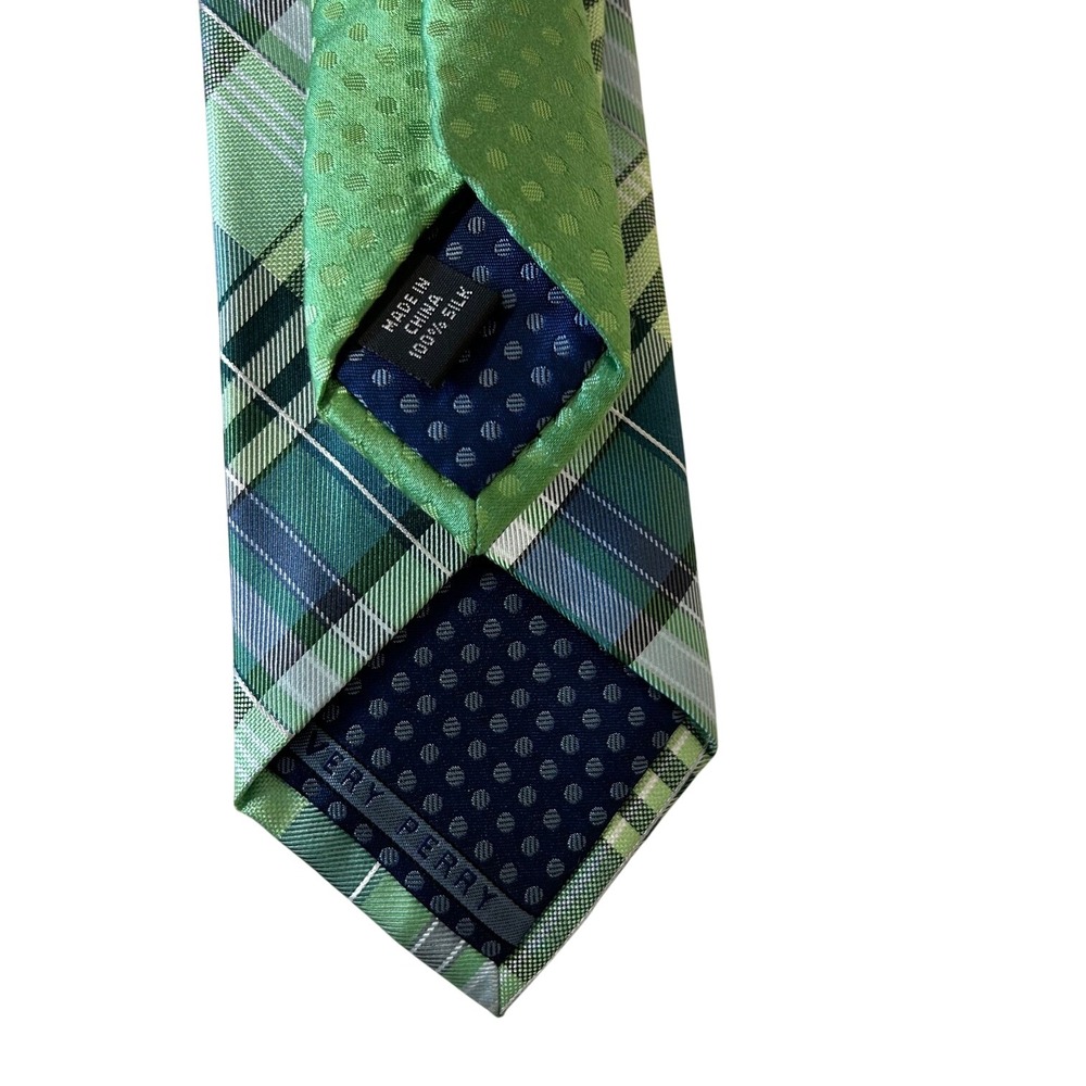Perry Ellis Portfolio‎ Green Plaid Necktie Business Formal Vintage Polka Dot